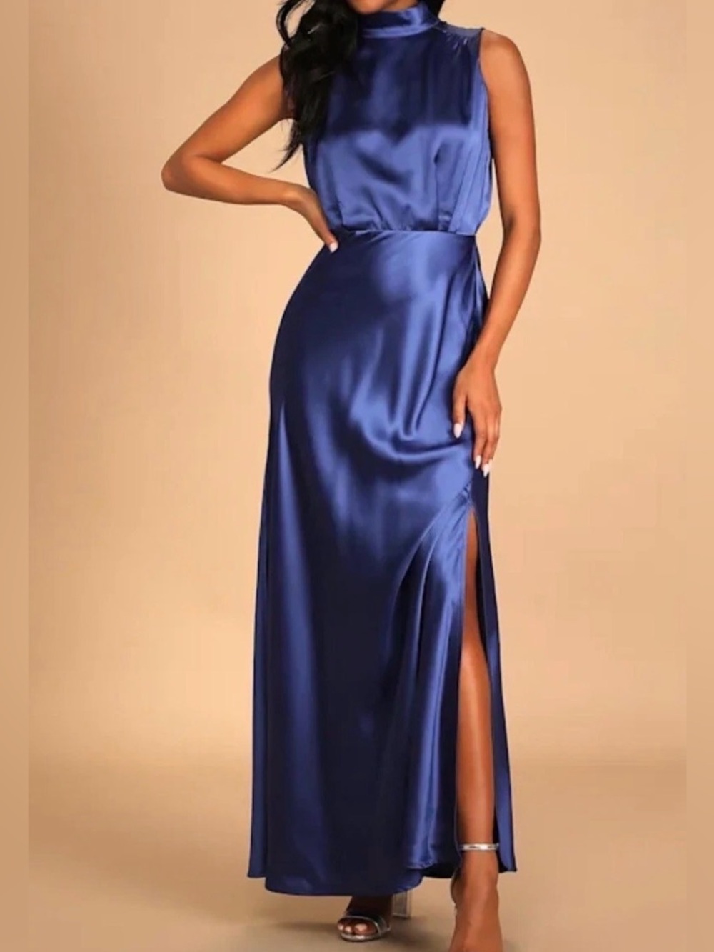 Lulus Classic Elegant Sleeveless Royal Blue Satin Mock Neck Wedding Guest Dress
